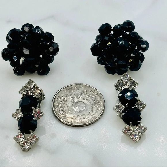 Vintage Clip On Earring Black and Rhinestone 2 Pair Faceted Cha Cha and … - Picture 1 of 10
